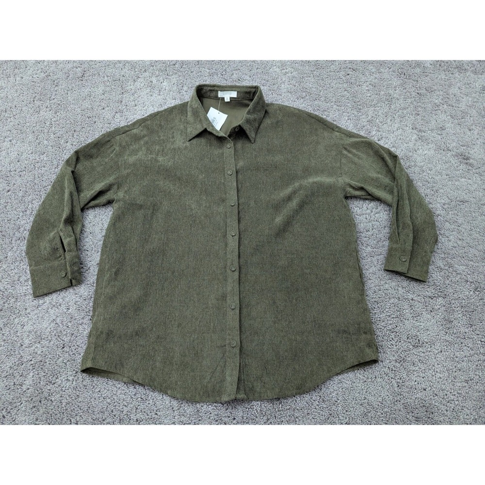 All:Row Button Up Shirt Womens‎ Medium Green 3/4 Sleeve Oversized